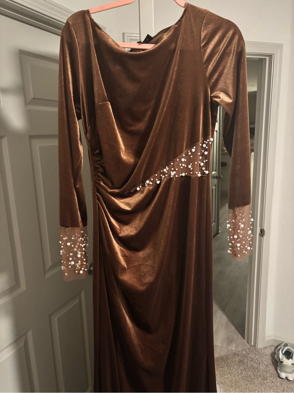 Elegant Draped Velvet Evening Dress in Bronze